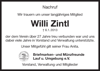Traueranzeige von Willi Zintl von Pegnitz-Zeitung